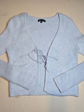 Kendall & Kylie Women's Large Blue Tie in Front Furry Sweater Cardigan Comfy